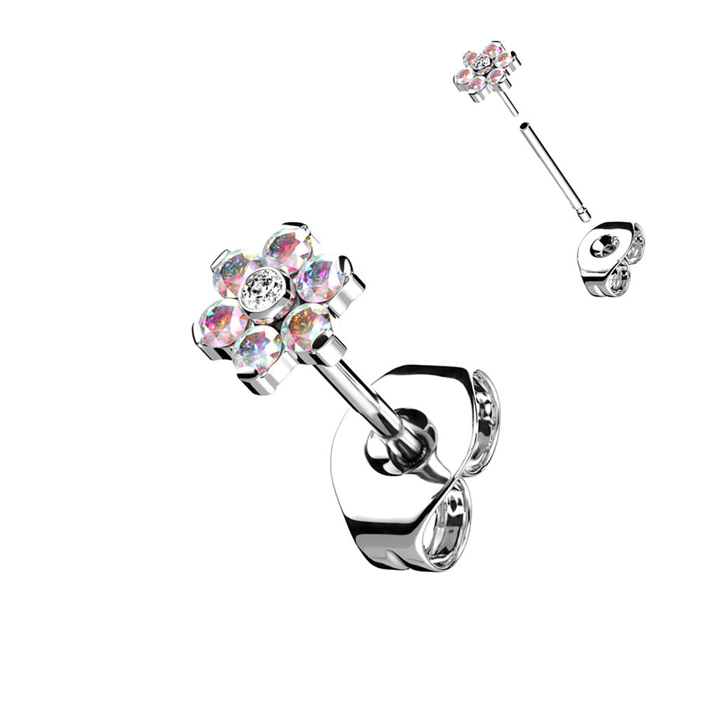 Titanium 20 Gauge CZ Flower End Earring Studs - Pair