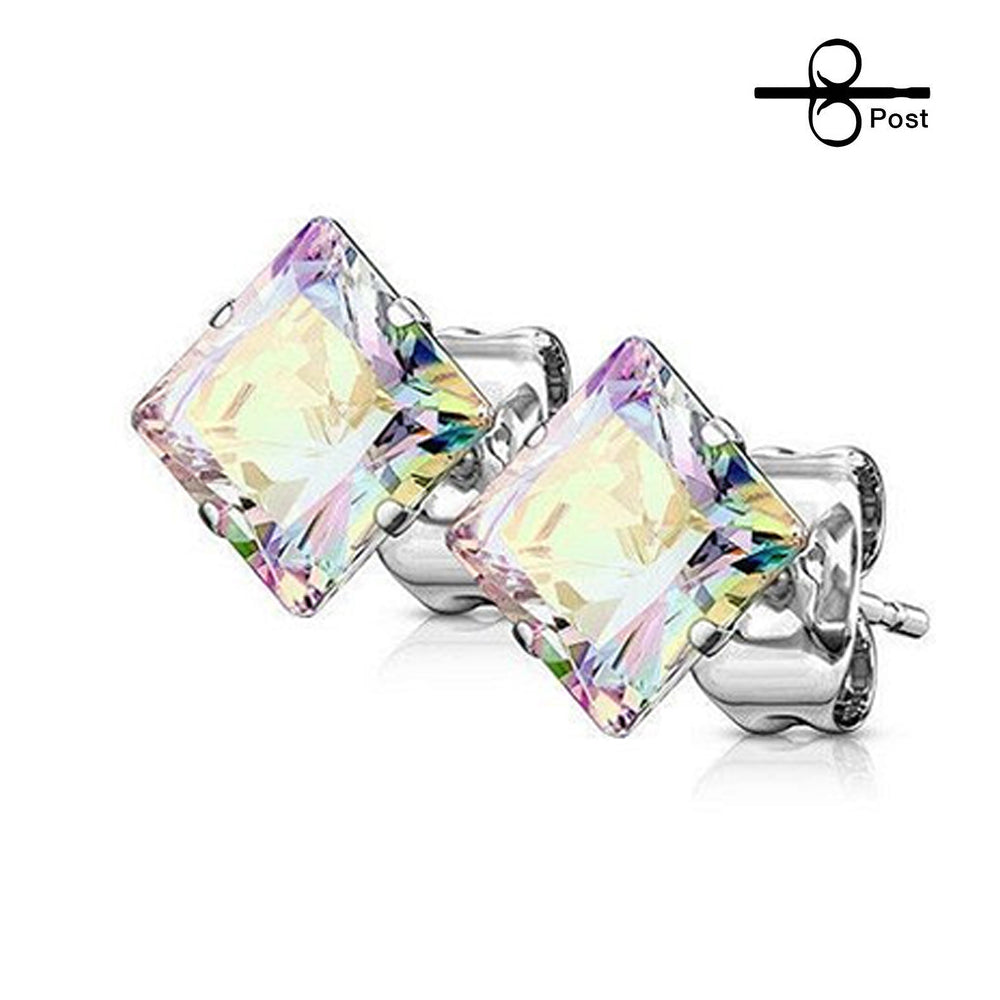 Surgical Steel 22 Gauge Prong Square CZ Stud Earrings - Pair - photo 4