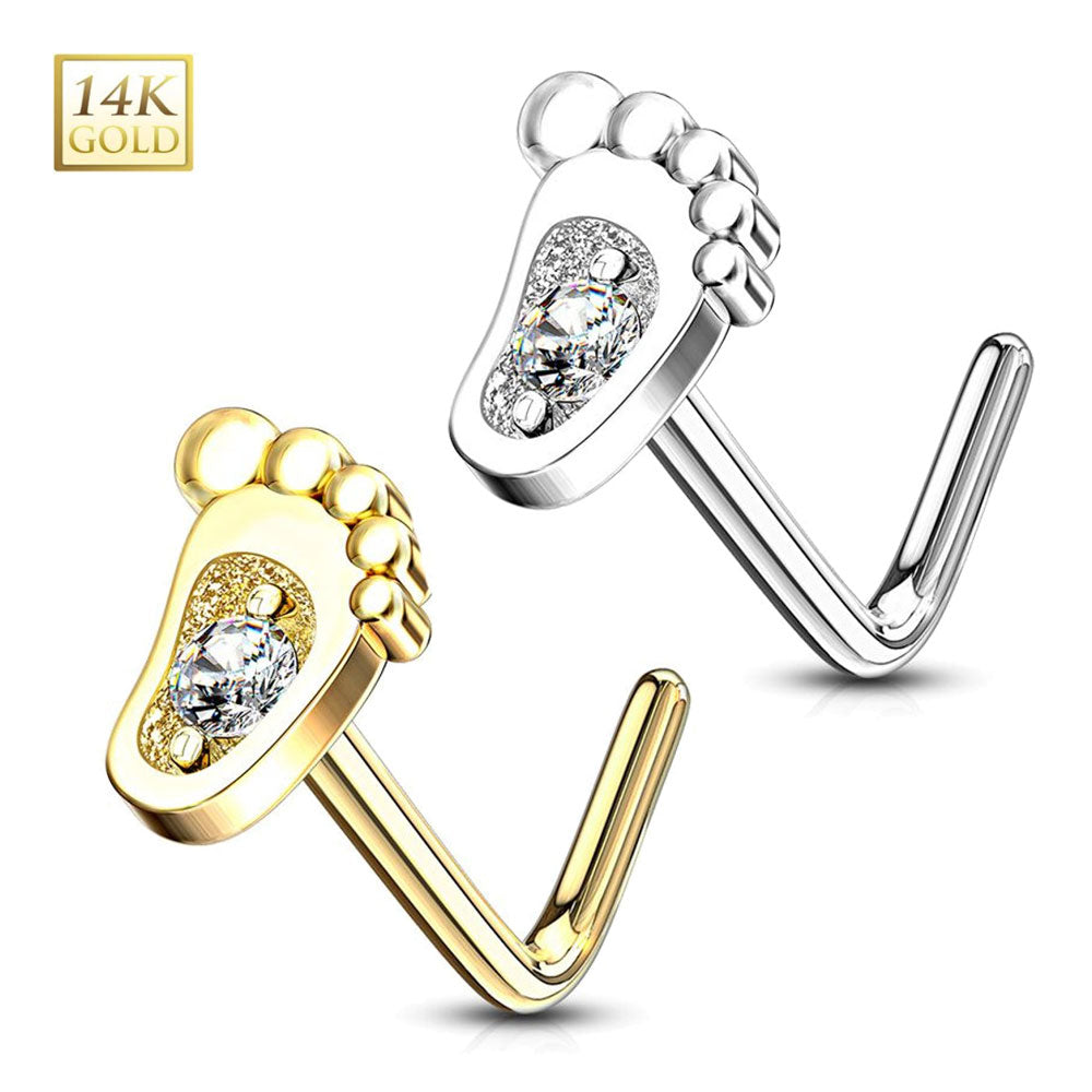 14K Solid Gold 20 Gauge L Shaped Nose Stud with Baby Feet CZ