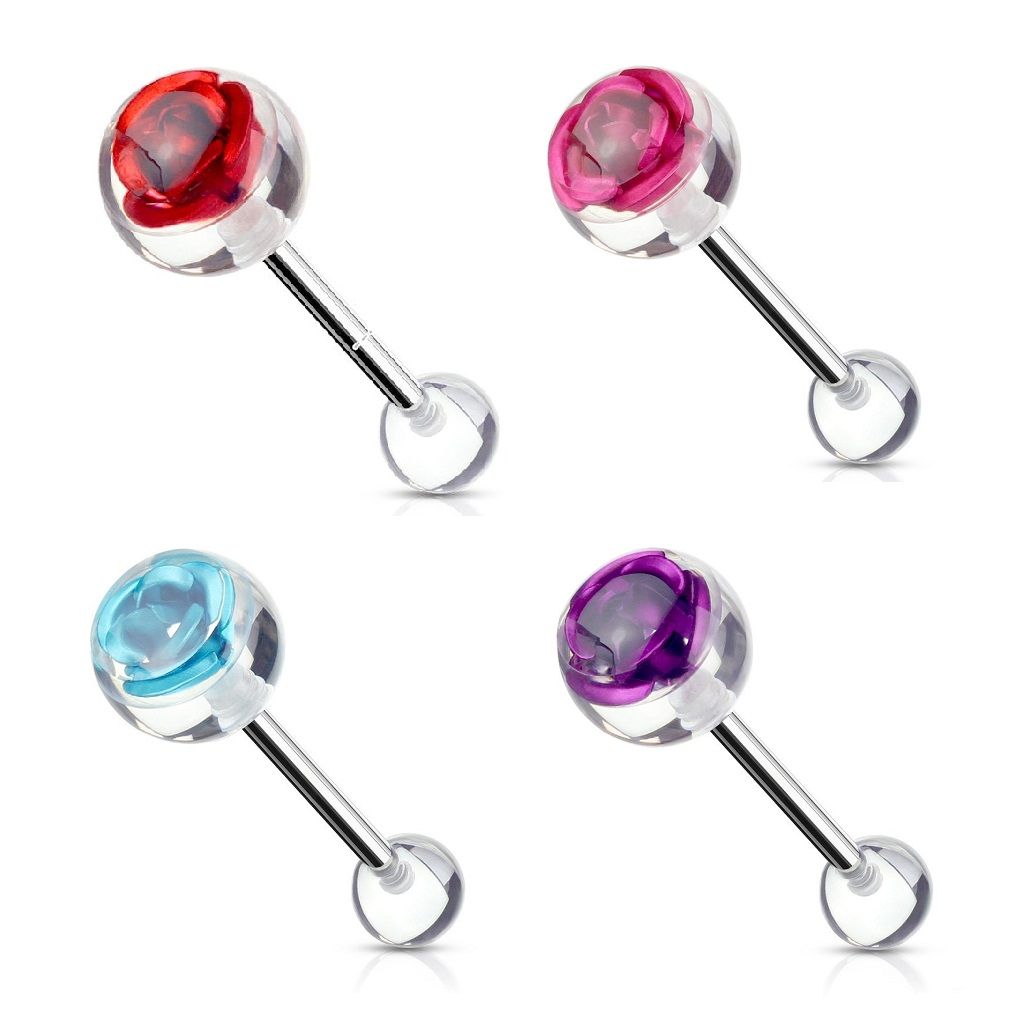 Surgical Steel 14 Gauge Tongue Barbell with Metal Rose in Clear Ball