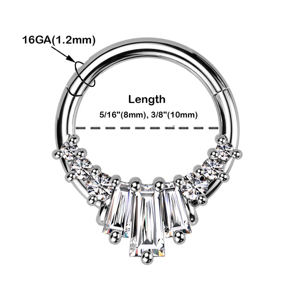 Surgical Steel 16 Gauge Baguette CZ Fan Hinged Segment Ring