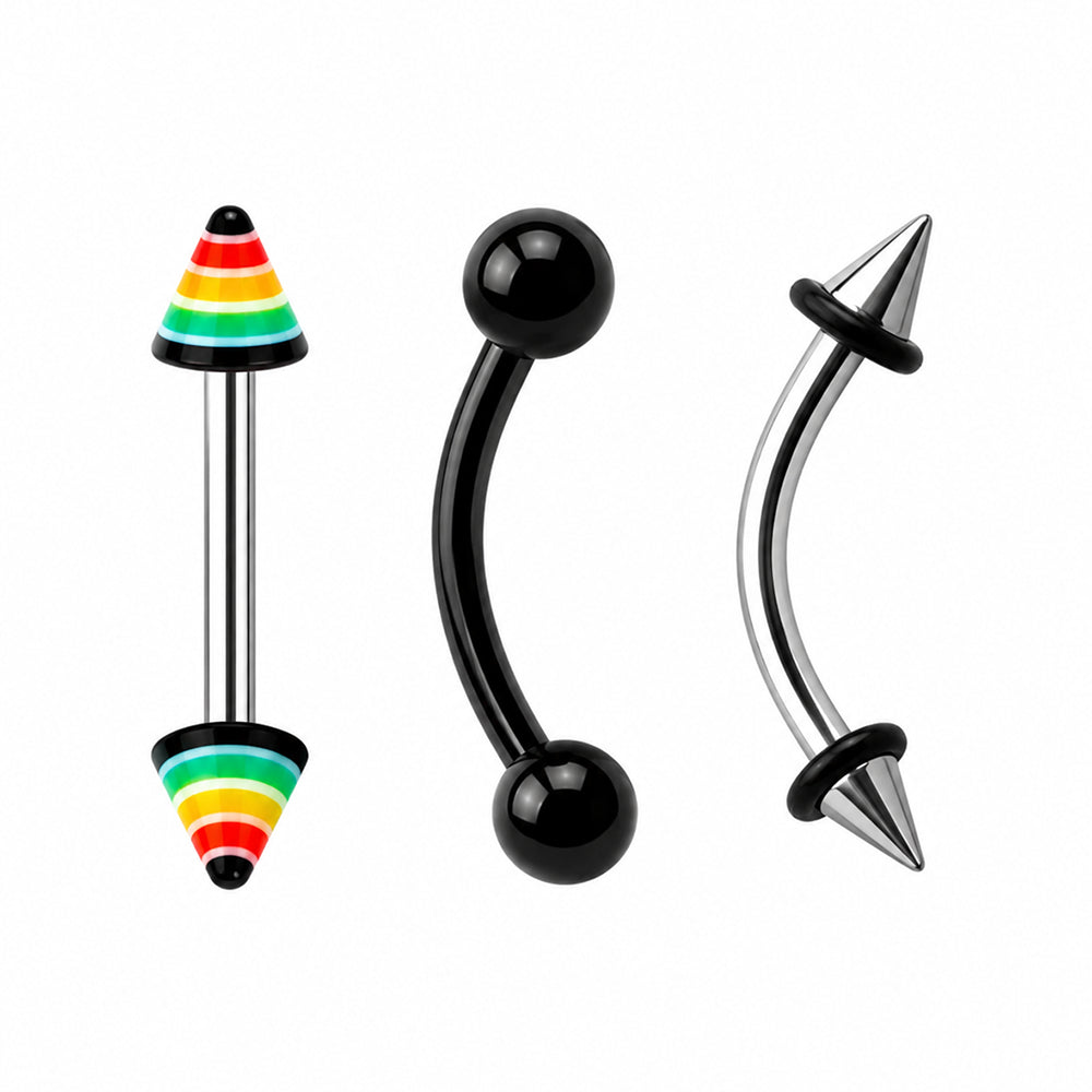 Surgical Steel 16 Gauge Curved Eyebrow with Spike Ball Ends - 3 Pcs