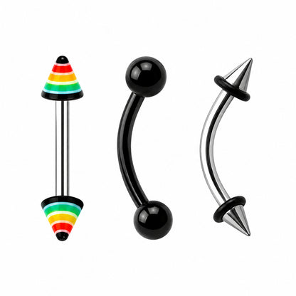 Surgical Steel 16 Gauge Curved Eyebrow with Spike Ball Ends - 3 Pcs