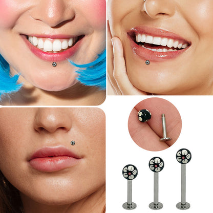 Surgical Steel Flat Back Labret 14G with Hand Painted Flower Balls