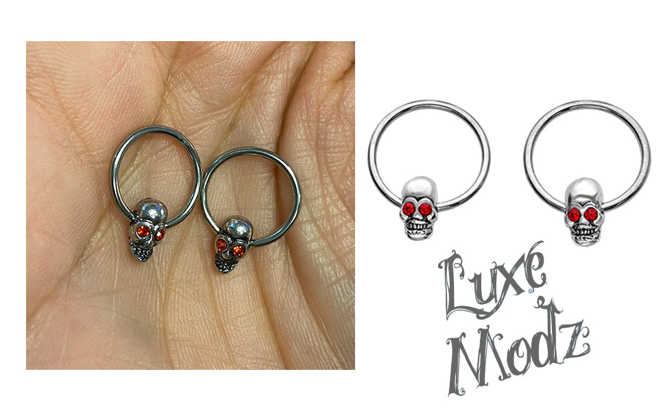 Surgical Steel 16 Gauge Captive Bead Ring with Red Eye Skull - Pair - photo 6