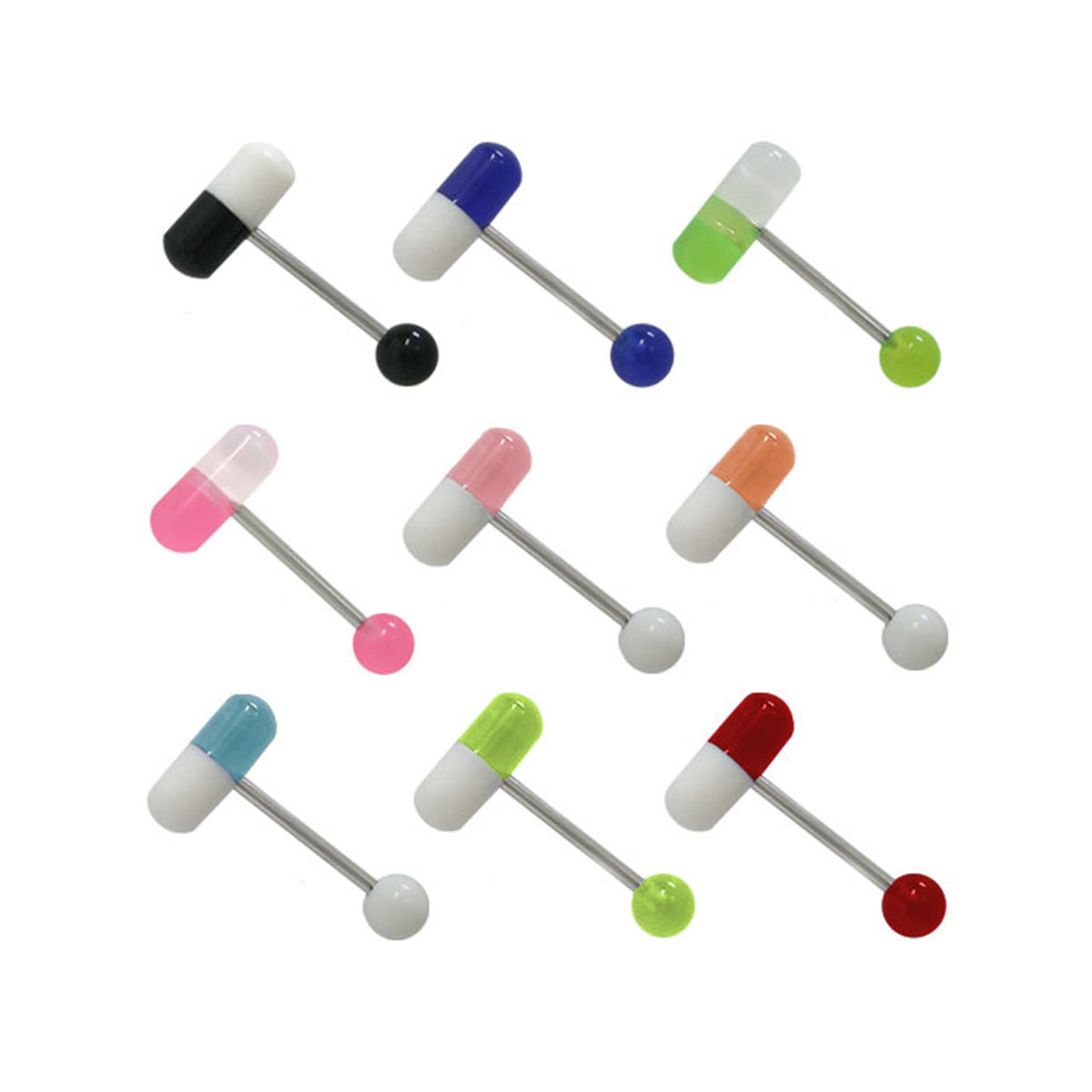 Surgical Steel Tongue Ring Straight Barbell 14 Gauge with Pill Design - Kruelty