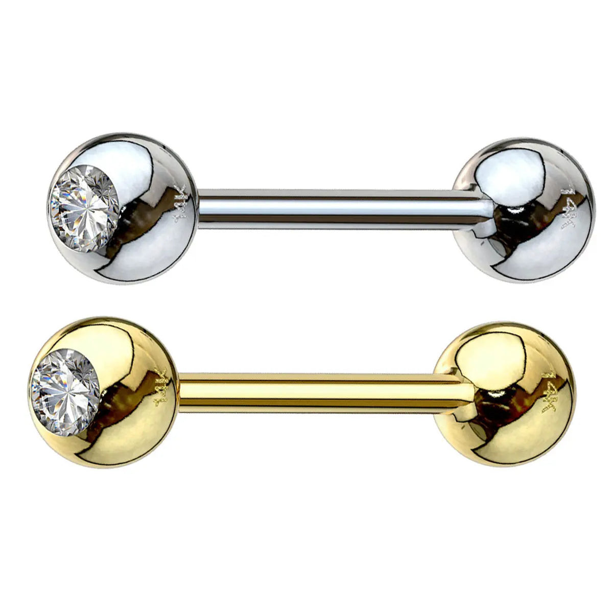 14 Karat Solid Gold Straight Barbell 14 Gauge 5/8" (16 mm) CZ Gem Top - Kruelty