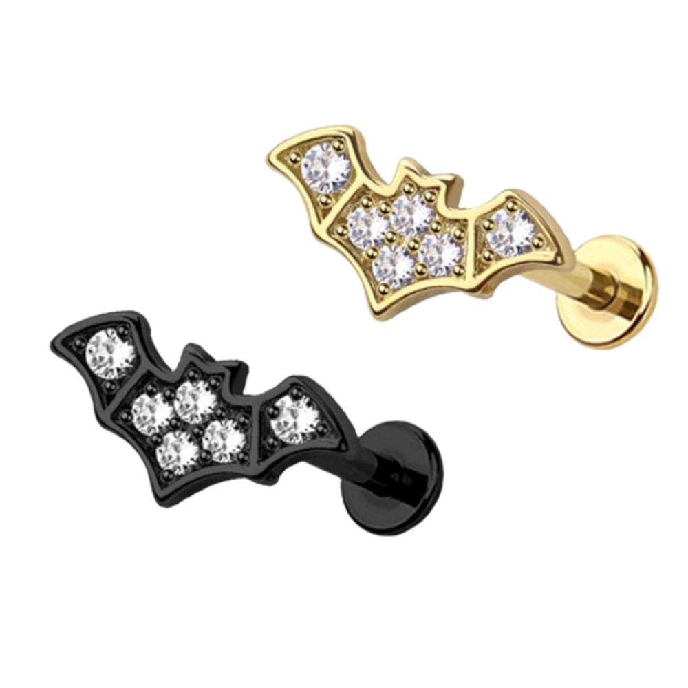 Surgical Steel Flat Back Labret Stud 18G 8mm with Gothic Bat CZ