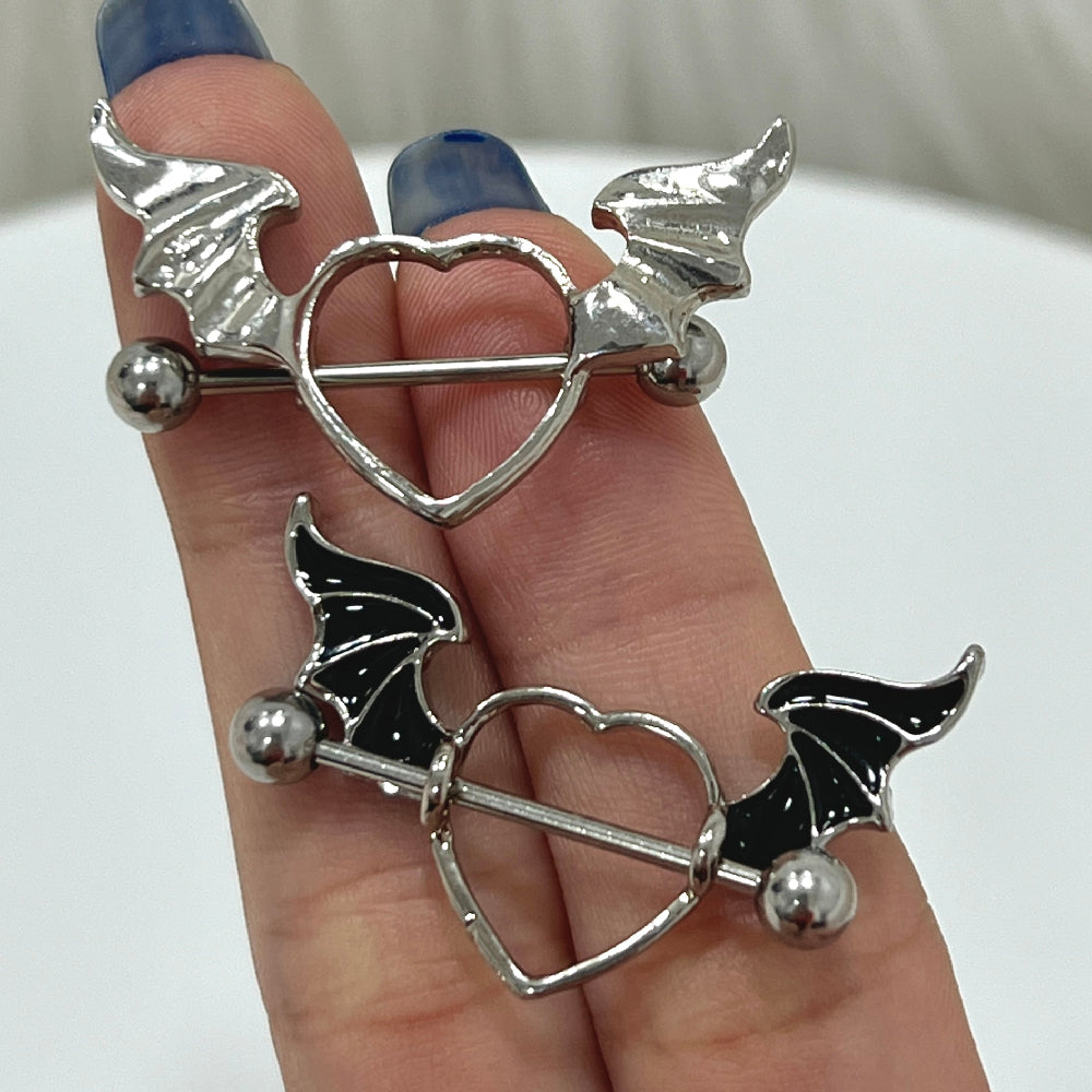 Surgical Steel 14 & 16 Gauge Bat Wing Heart Nipple Shield - Pair