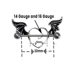 Surgical Steel 14 & 16 Gauge Bat Wing Heart Nipple Shield - Pair
