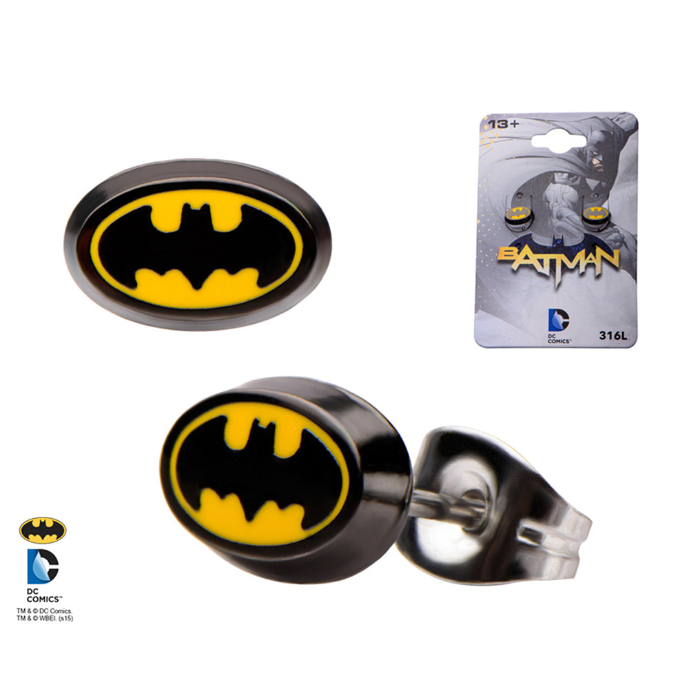 Surgical Steel Enamel Oval Batman Logo Stud Earrings DC Comic - Pair
