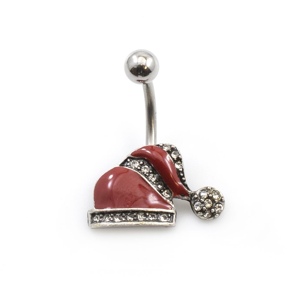 Surgical Steel 14 Gauge Belly Ring with Red CZ Christmas Hat