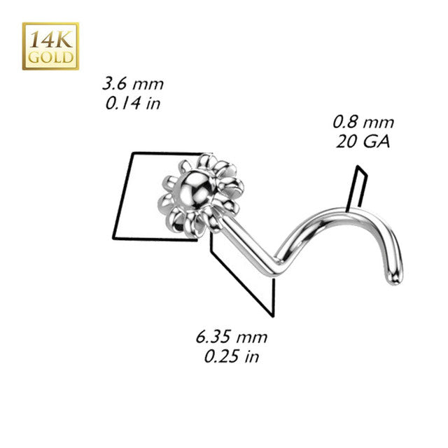 14 Karat Solid White Gold 20 Gauge Nose Ring Bead Flower Corkscrew - photo 2