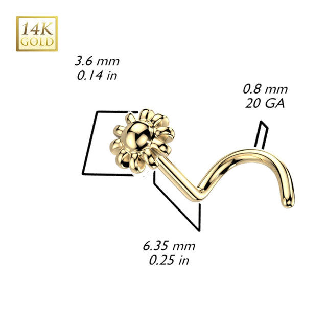 14K Solid Yellow Gold Corkscrew Nose Stud 20G 6mm with Bead Flower - photo 2