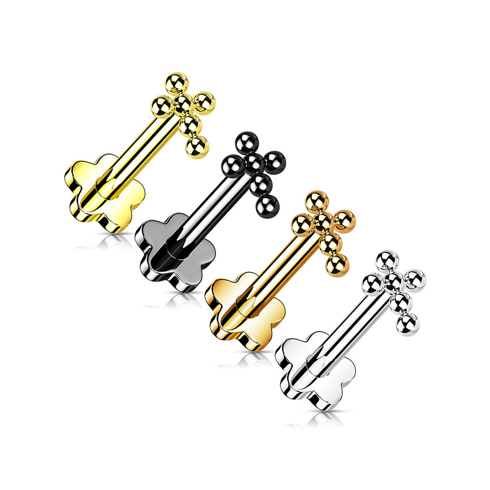 Titanium 16 to 20 Gauge Beaded Ball Cross Flat Back Labret Stud