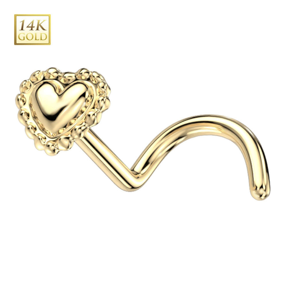 14 Karat Solid Gold 20 Gauge Nose Ring with Beaded Heart Corkscrew