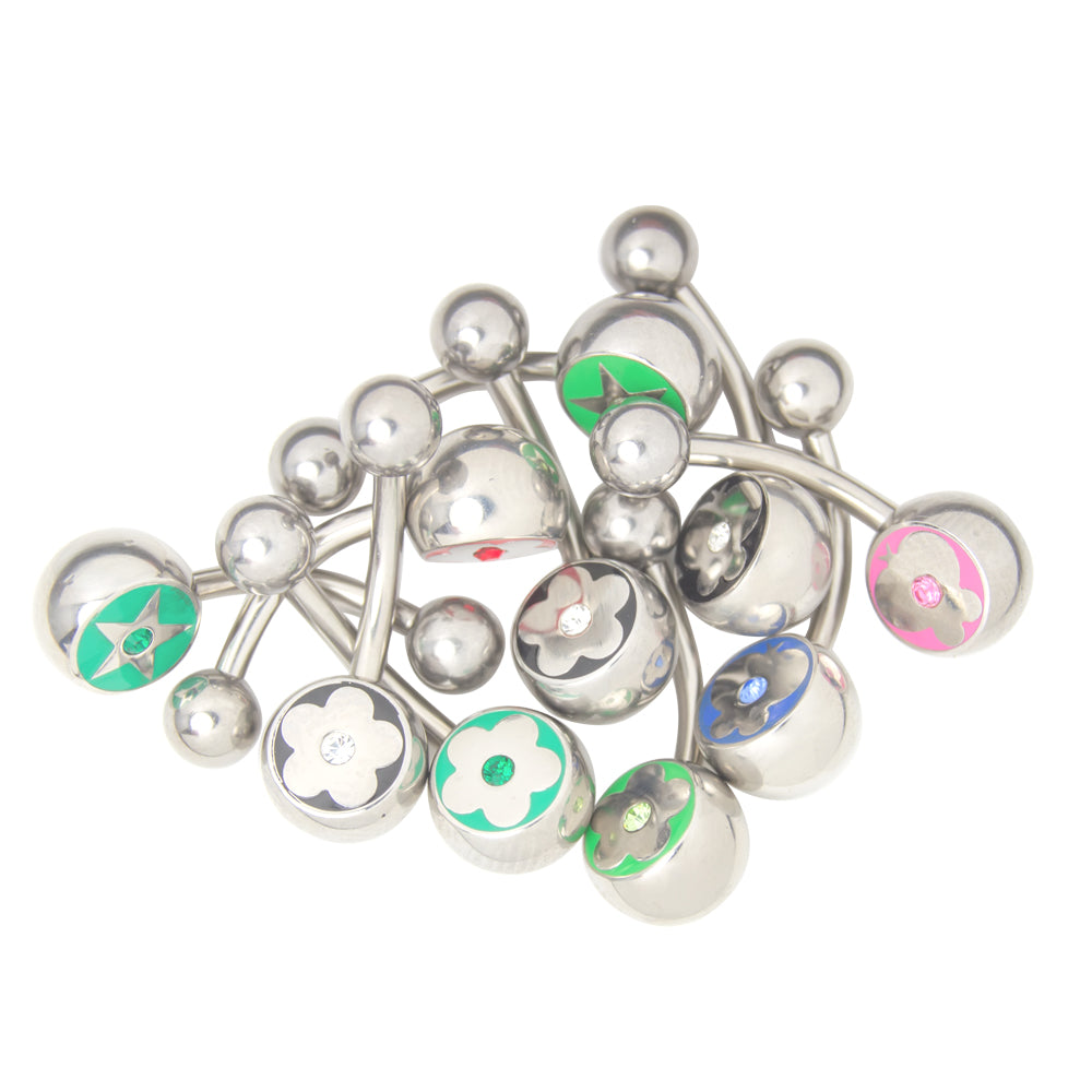 Surgical Steel Belly Rings CZ Flower, Butterfly & Sun - 10 Pack