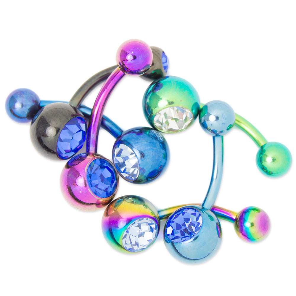 Anodized Surgical Steel 14 Gauge Belly Rings with CZ Gems - 6 Pack