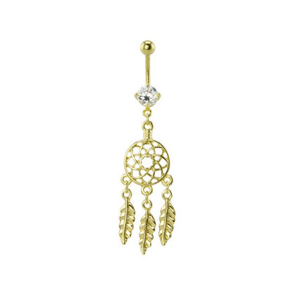 Gold Ion Plated Surgical Steel Belly Ring with CZ Dreamcatcher