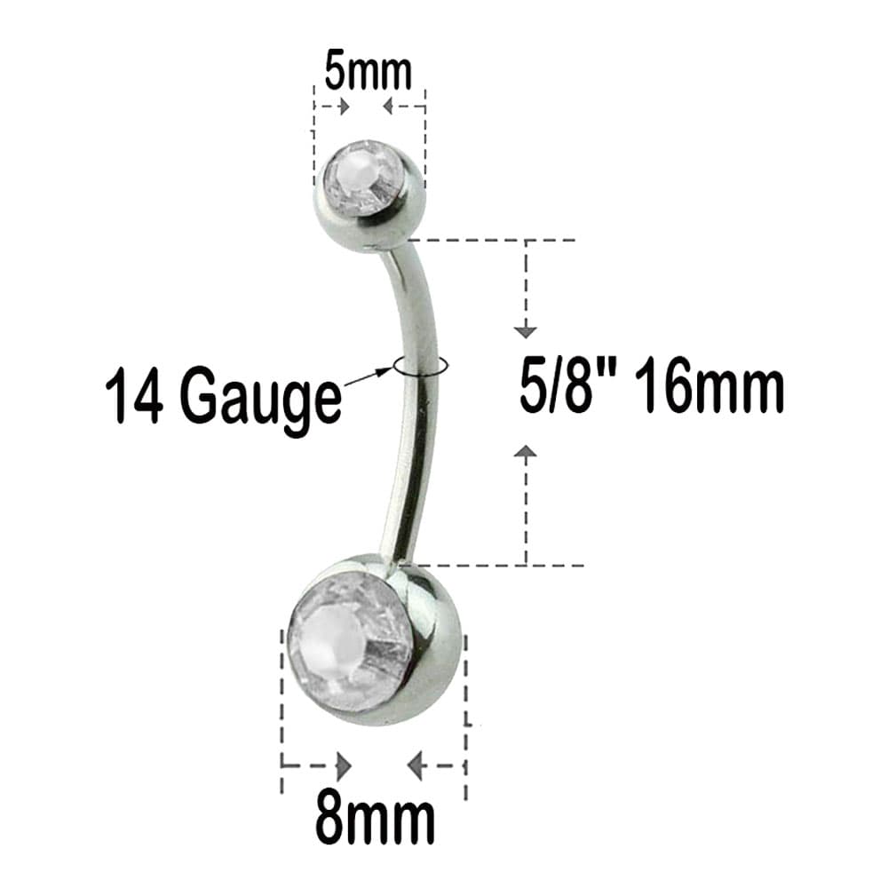 Surgical Steel 14 Gauge Long Belly Button Ring with CZ - 16mm Bar