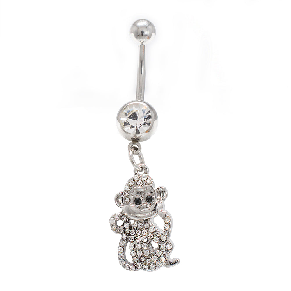 Surgical Steel 14 Gauge Belly Ring with Monkey Dangle and Clear CZ