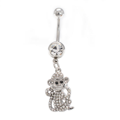 Surgical Steel 14 Gauge Belly Ring with Monkey Dangle and Clear CZ