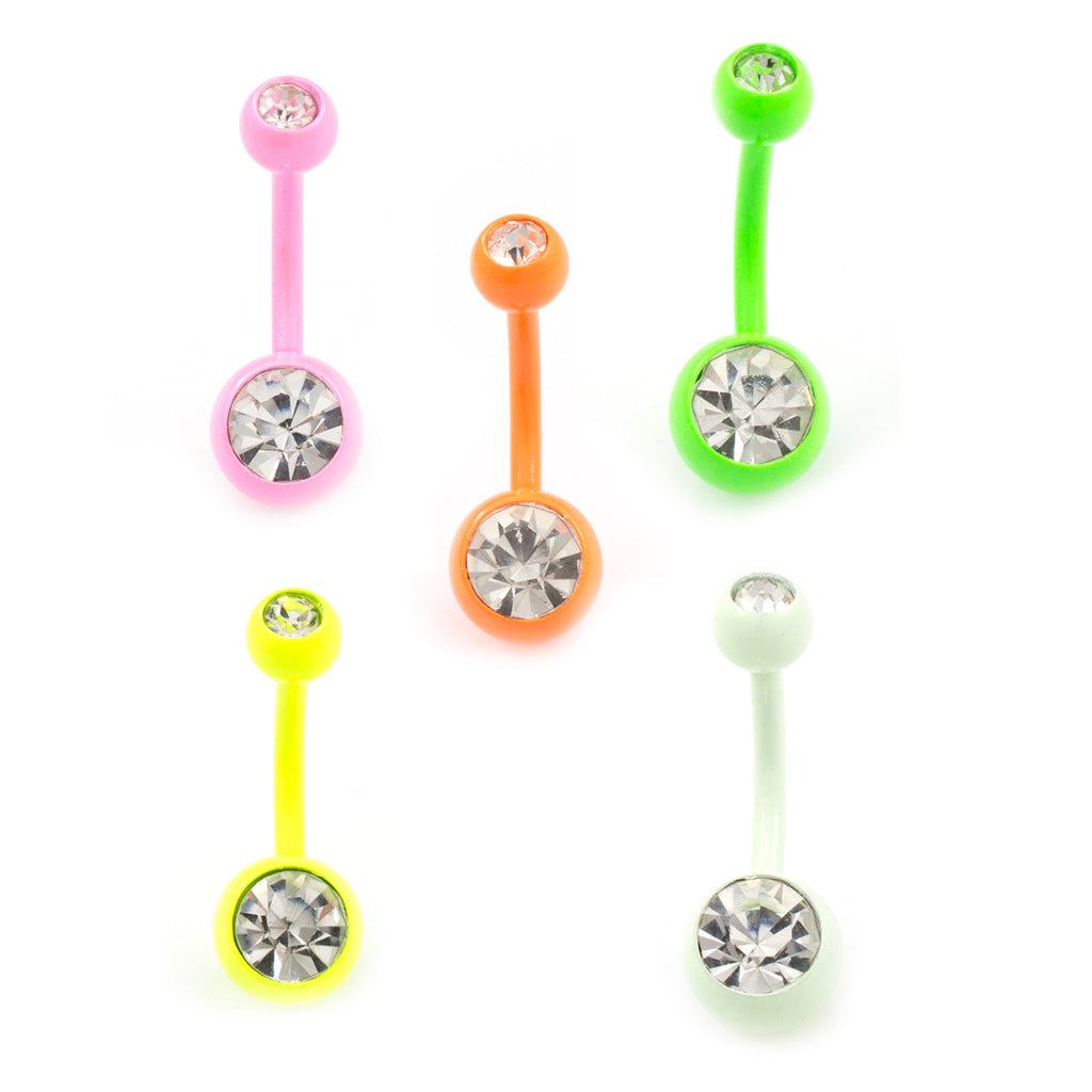 Surgical Steel 14 Gauge Enamel Belly Rings with Press Fit CZ - 5 Pack