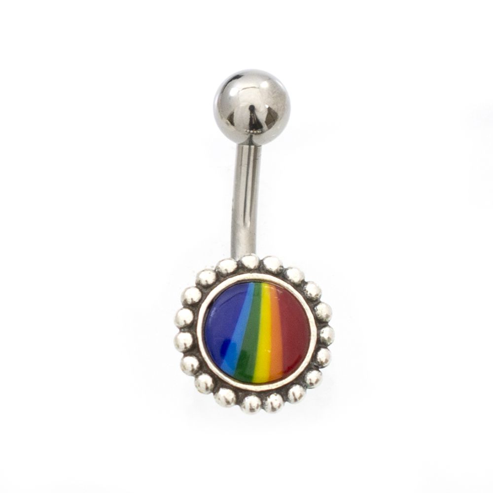 Surgical Steel 14 Gauge Belly Ring with Rainbow Flower Logo