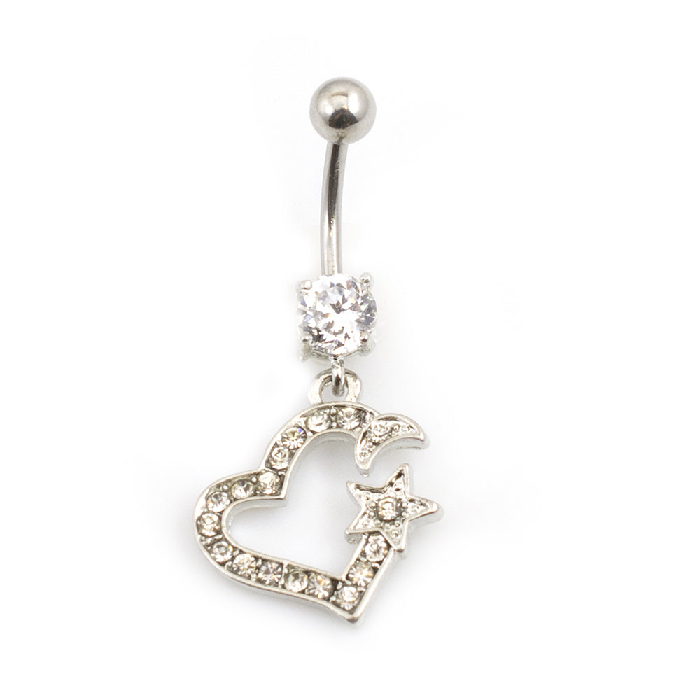 Surgical Steel 14 Gauge Belly Ring with CZ Heart Star & Moon Dangle