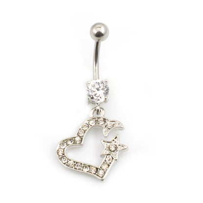 Surgical Steel 14 Gauge Belly Ring with CZ Heart Star & Moon Dangle