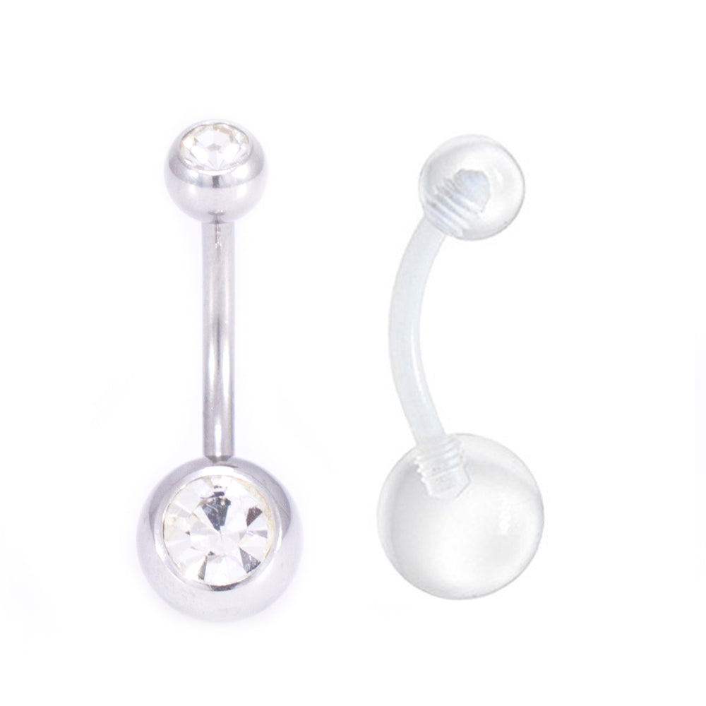 Surgical Steel 14 Gauge Belly Ring CZ with Free Clear Flexi Ring