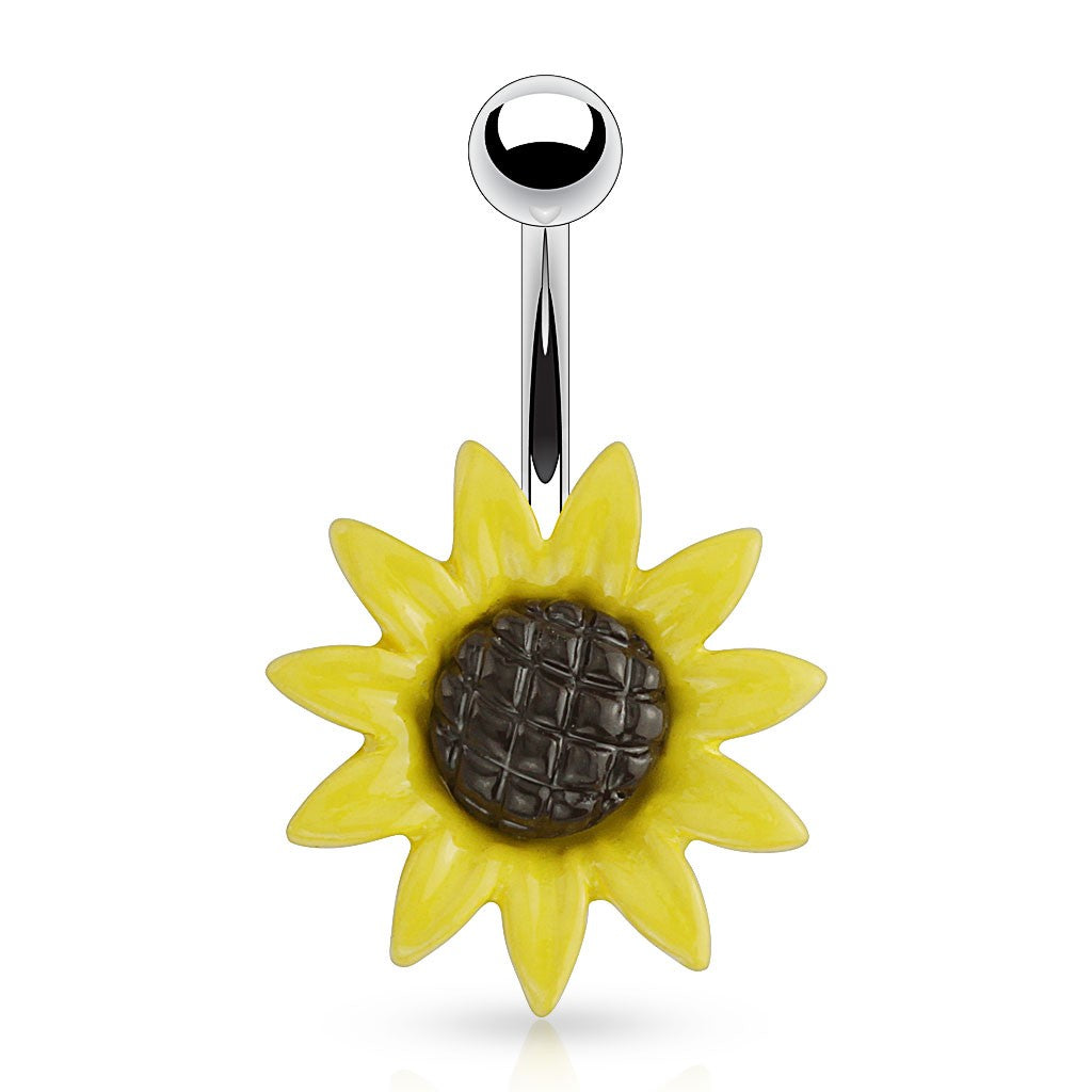 Surgical Steel 14 Gauge Belly Ring with Acrylic Sunflower