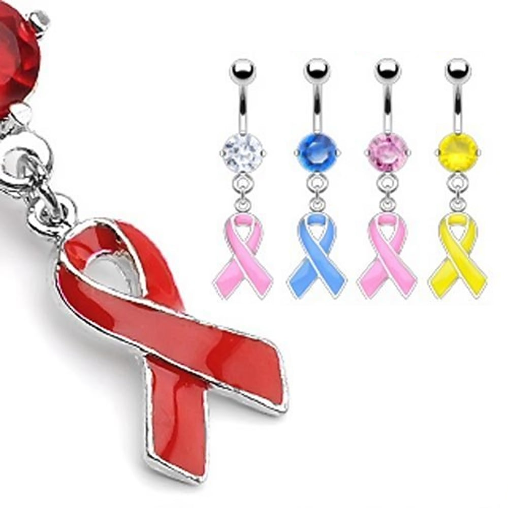 Surgical Steel 14 Gauge Belly Ring with CZ Awareness Ribbon