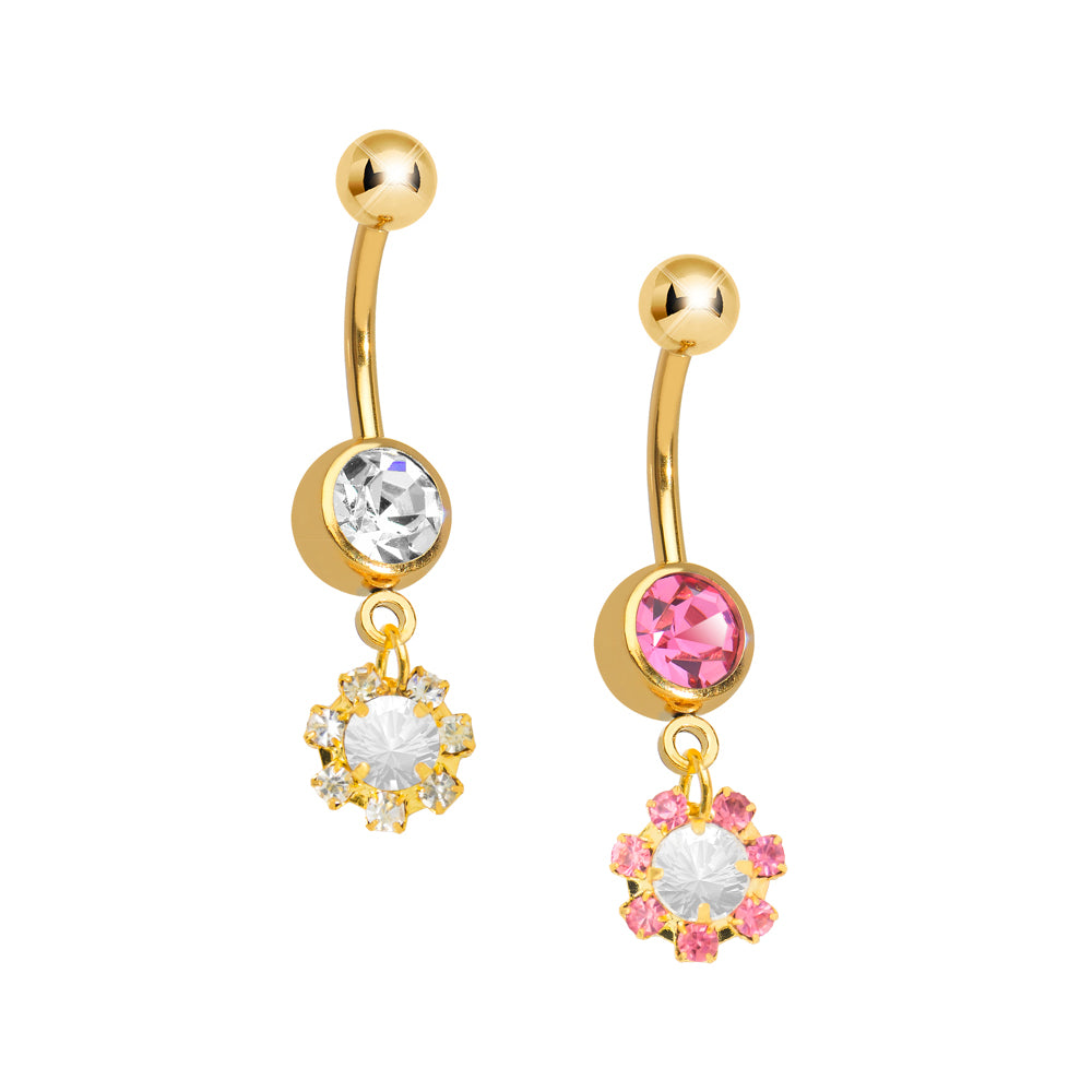 Gold Ion Plated Surgical Steel Belly Ring with CZ Cluster Dangle