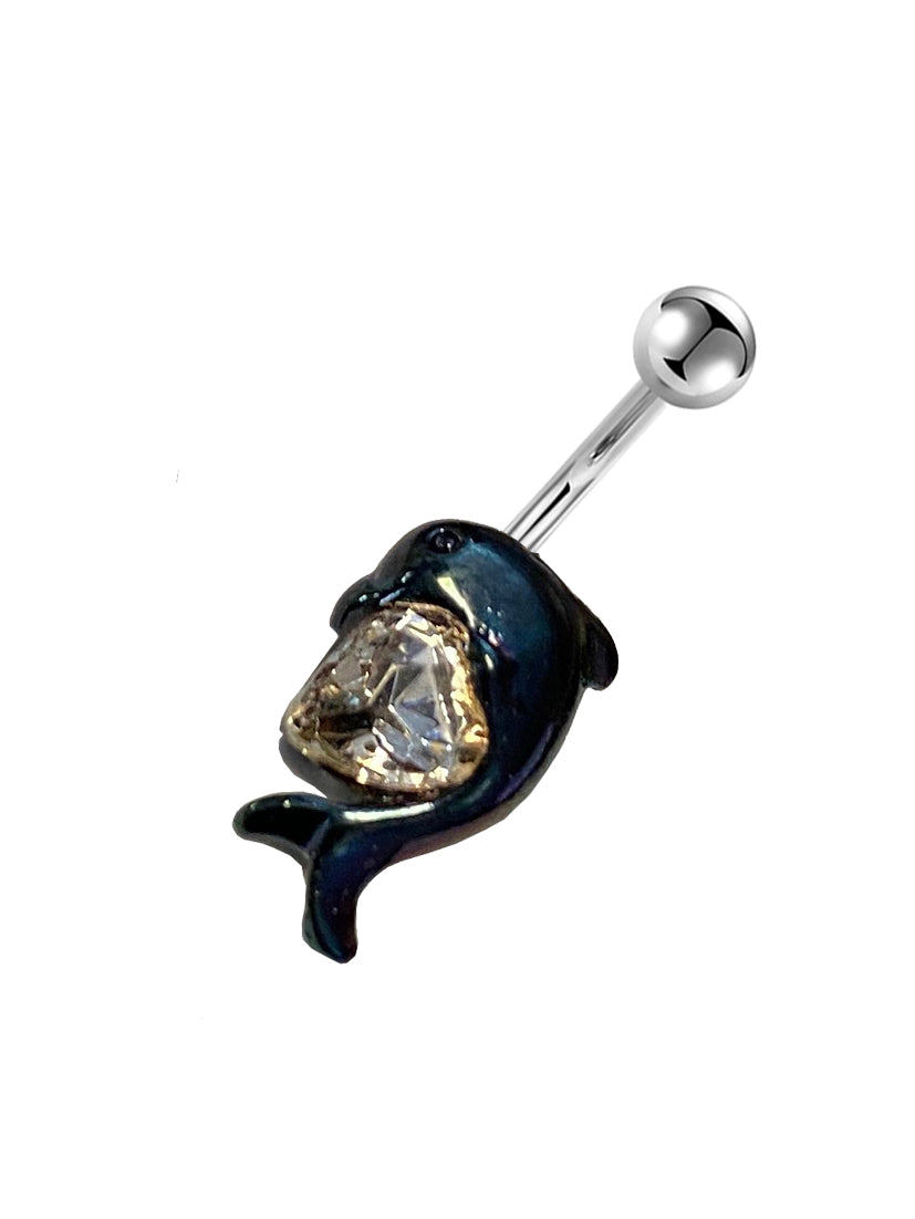 Black Surgical Steel 14 Gauge Belly Ring with Dolphin Heart CZ - photo 2