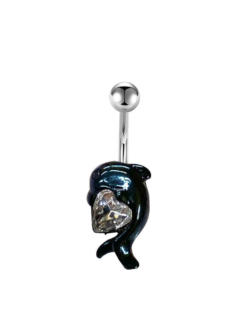 Black Surgical Steel 14 Gauge Belly Ring with Dolphin Heart CZ