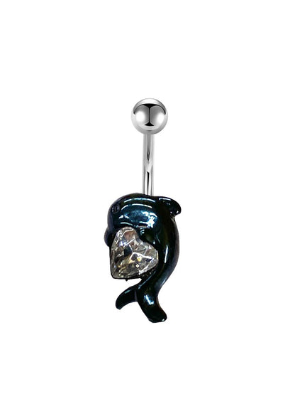 Black Surgical Steel 14 Gauge Belly Ring with Dolphin Heart CZ