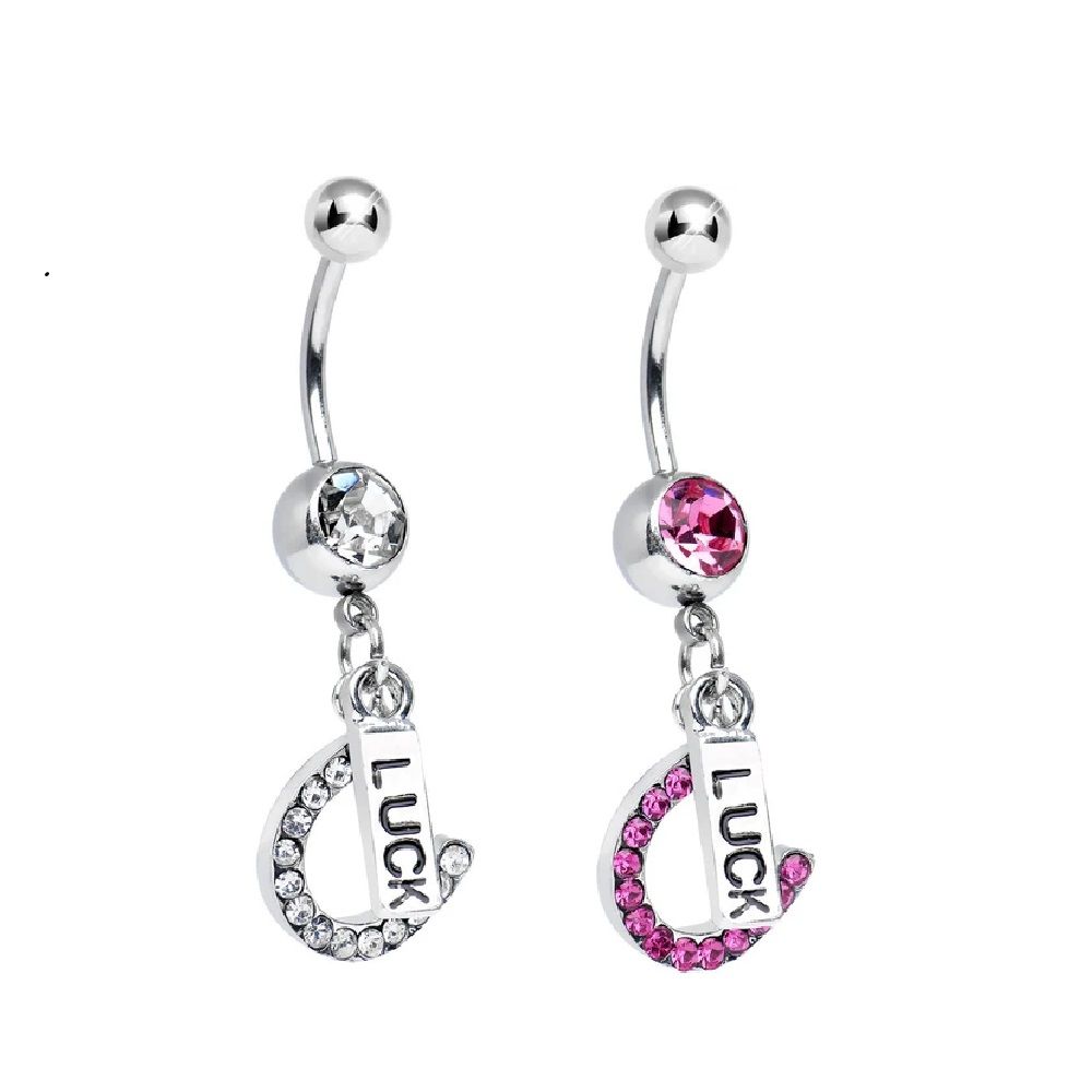 Surgical Steel 14 Gauge Belly Ring with CZ Horseshoe & Luck Charm