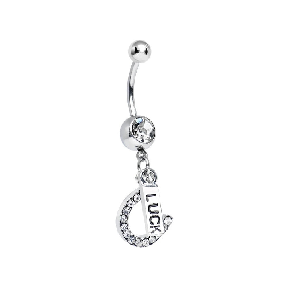 Surgical Steel 14 Gauge Belly Ring with CZ Horseshoe & Luck Charm