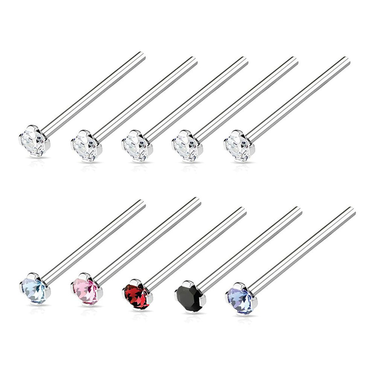 Surgical Steel 20 Gauge Bendable Nose Ring CZ - 10 Pack