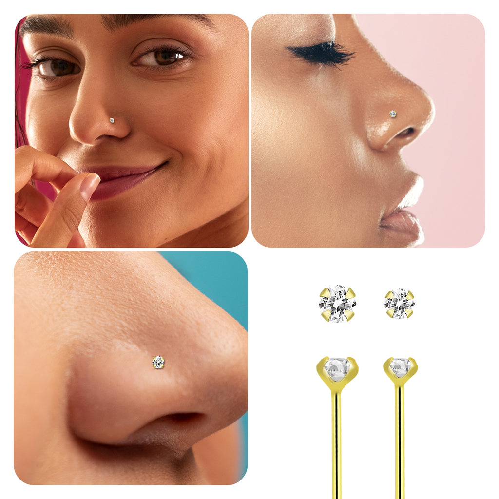 14K Solid Gold 22 Gauge Clear CZ Top Fishtail Nose Stud