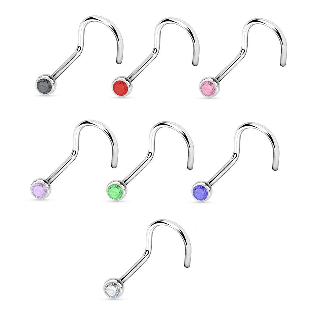 Surgical Steel Nose Screw with Bezel Set CZ - 18 & 20 Gauge