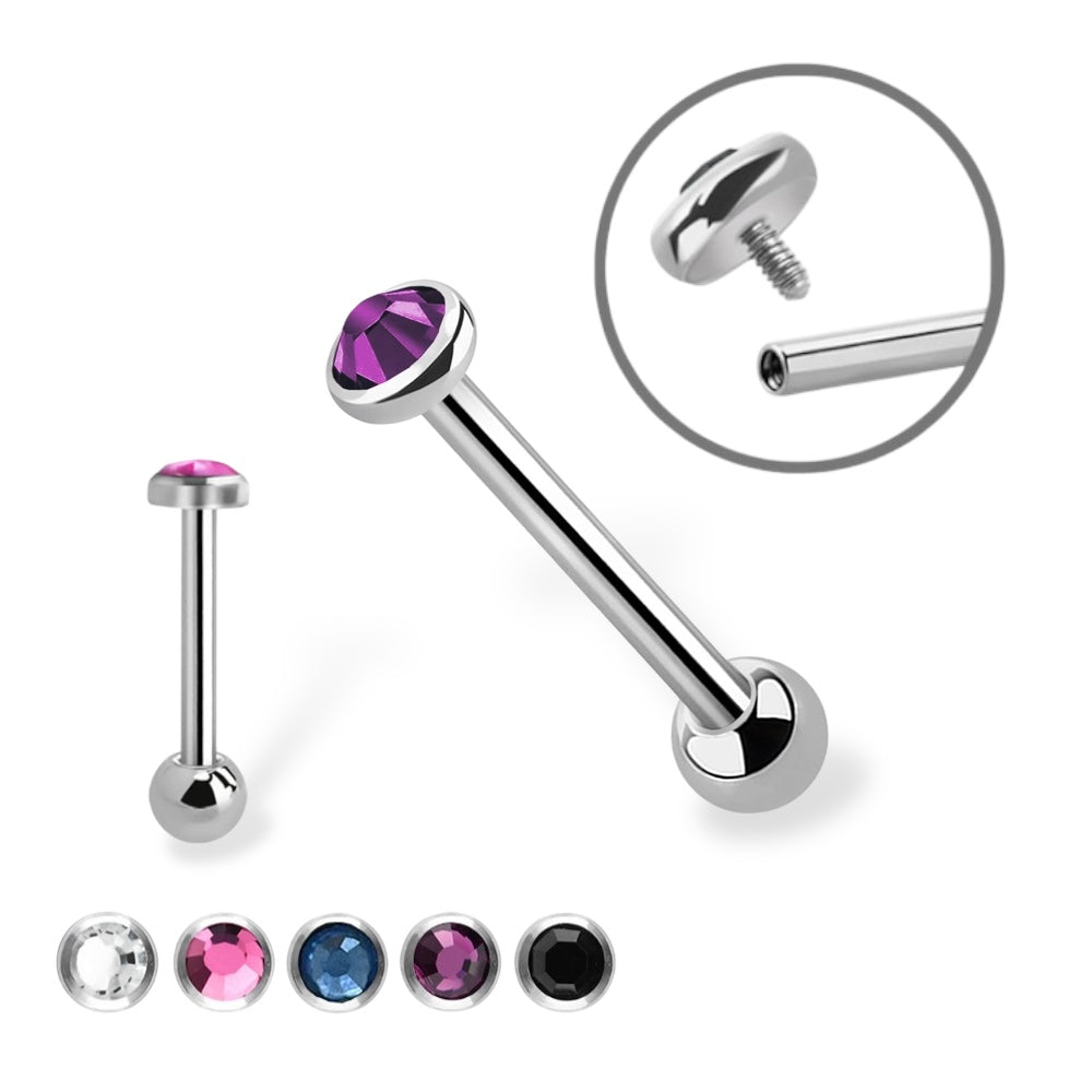 Titanium Tongue Barbell 14G 14mm & 16mm with Bezel CZ Top