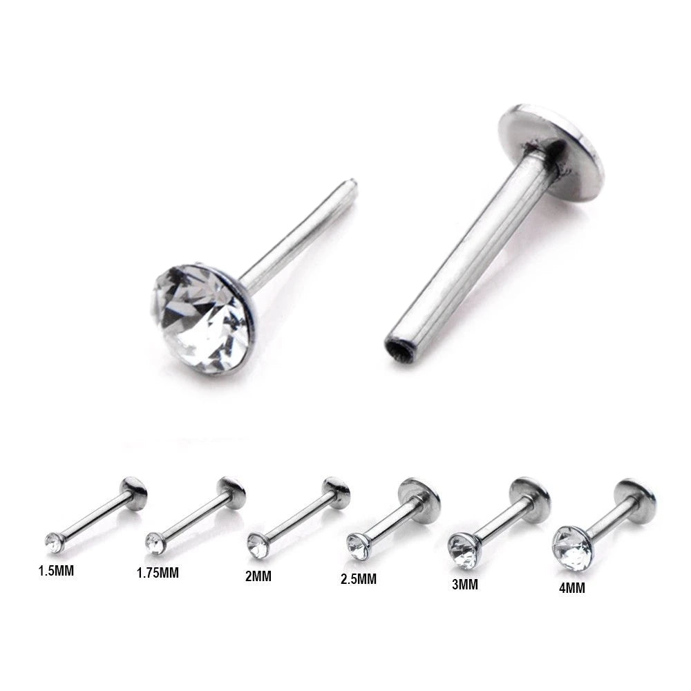 Surgical Steel 16 & 18 Gauge Push In Labret Stud with Bezel CZ