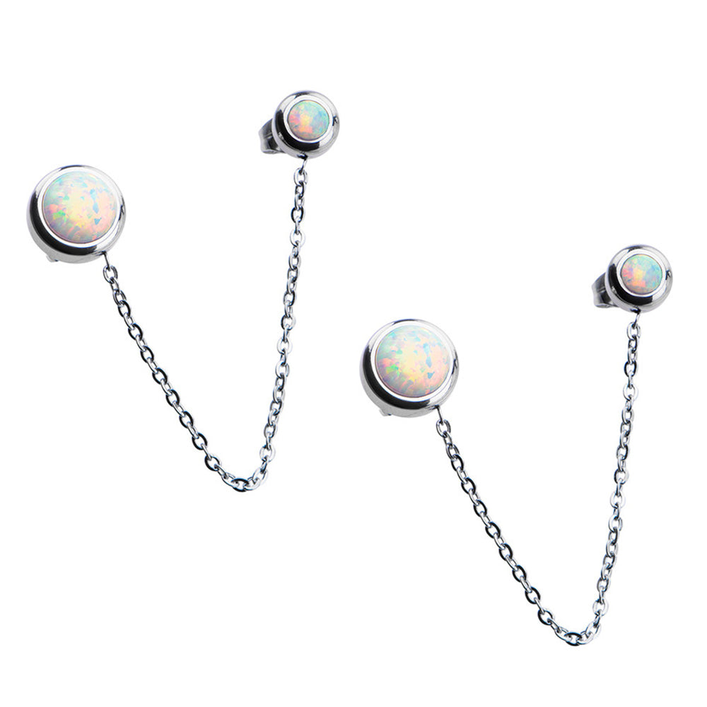 Surgical Steel White Opal Double Stud Chain Earrings - Pair