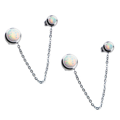 Surgical Steel White Opal Double Stud Chain Earrings - Pair
