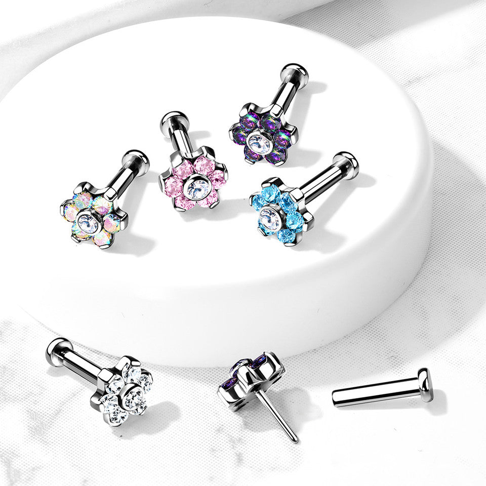 Titanium 18 to 20 Gauge CZ Flower End Labret Stud - Pair