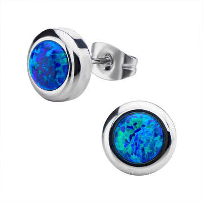 Surgical Steel Bezel Set Blue Opal Stud Earrings - Pair