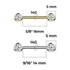 14K Solid Gold 14 Gauge Bezel Set Crystal CZ Nipple Barbell - Pair