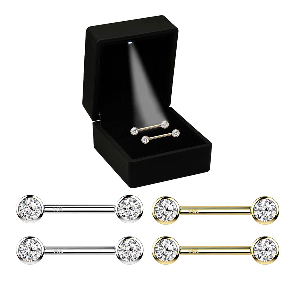 14K Solid Gold 14 Gauge Bezel Set Crystal CZ Nipple Barbell - Pair